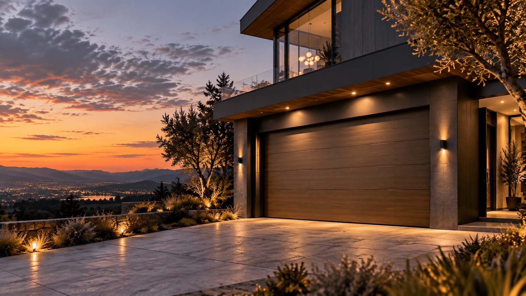 Modern hillside home at sunset with a wood-look flush garage door, warm lighting and the city lights in the valley below
