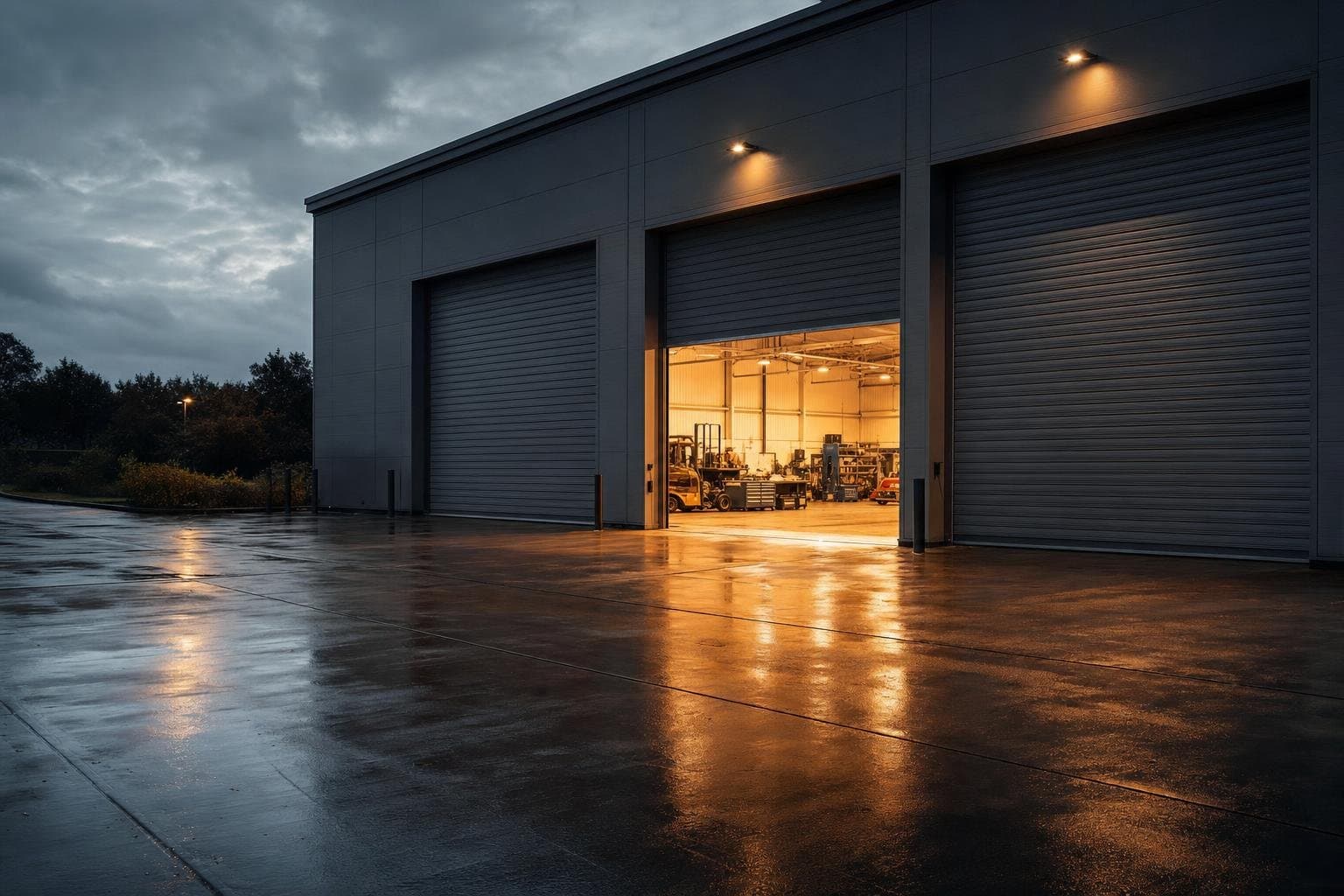 Roll-up steel doors on a warehouse at dusk