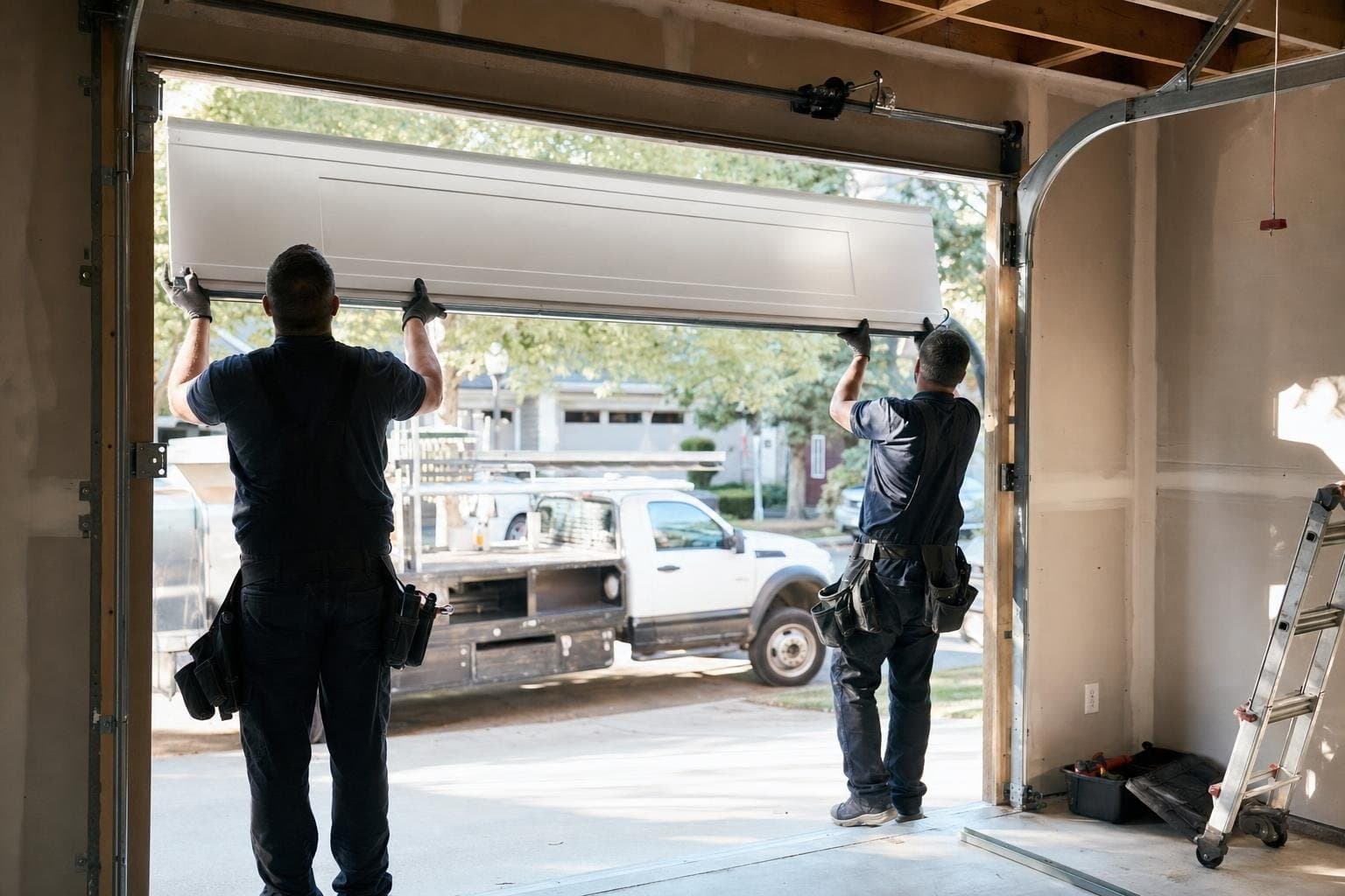 Two technicians lifting a new door panel into place